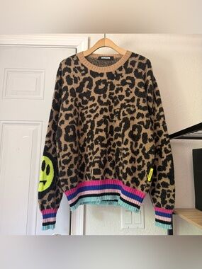 BARROW tan black multicolor mohair cashmere knit crew leopard pullover sweater